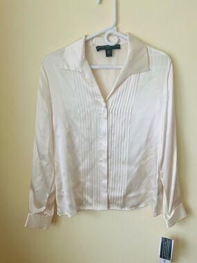 Josephine Chaus Silk Button Up Charmeuse Pleated Blouse 12P Long Sleeve NWT